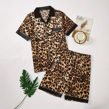 Pánske módne pyžamové pyžamo s leopardím vzorom, krátkym rukávom a šortkami, pohodlné a šetrné k pokožke, pohodlné pánske ležérne oblečenie