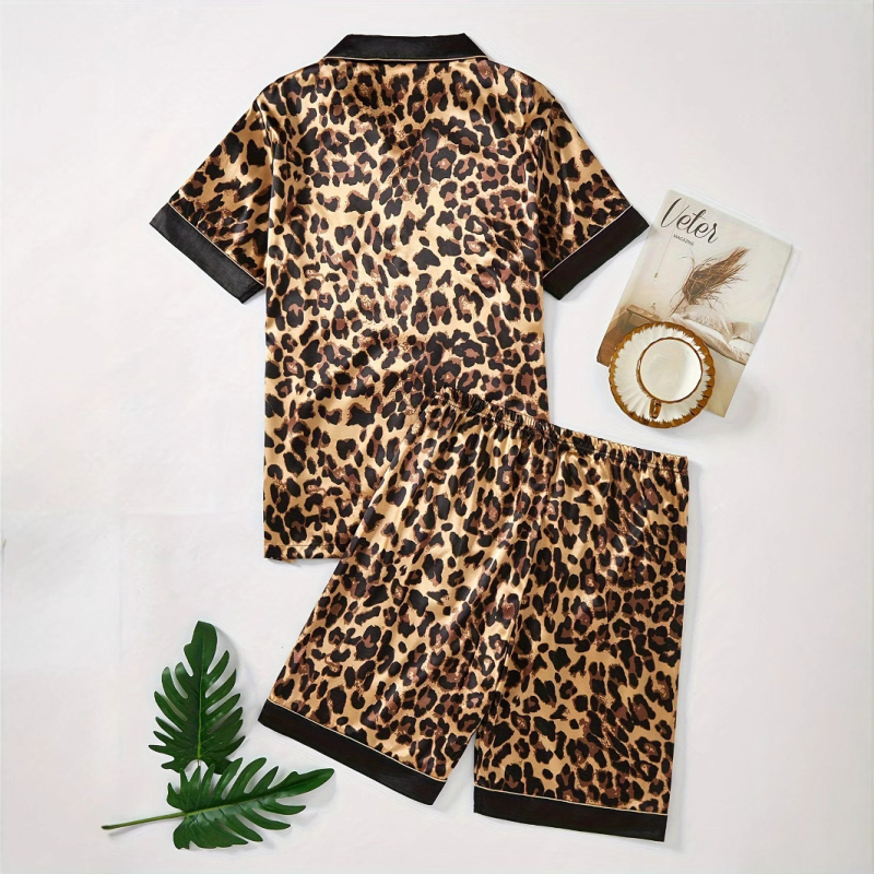 Pánske módne pyžamové pyžamo s leopardím vzorom, krátkym rukávom a šortkami, pohodlné a šetrné k pokožke, pohodlné pánske ležérne oblečenie