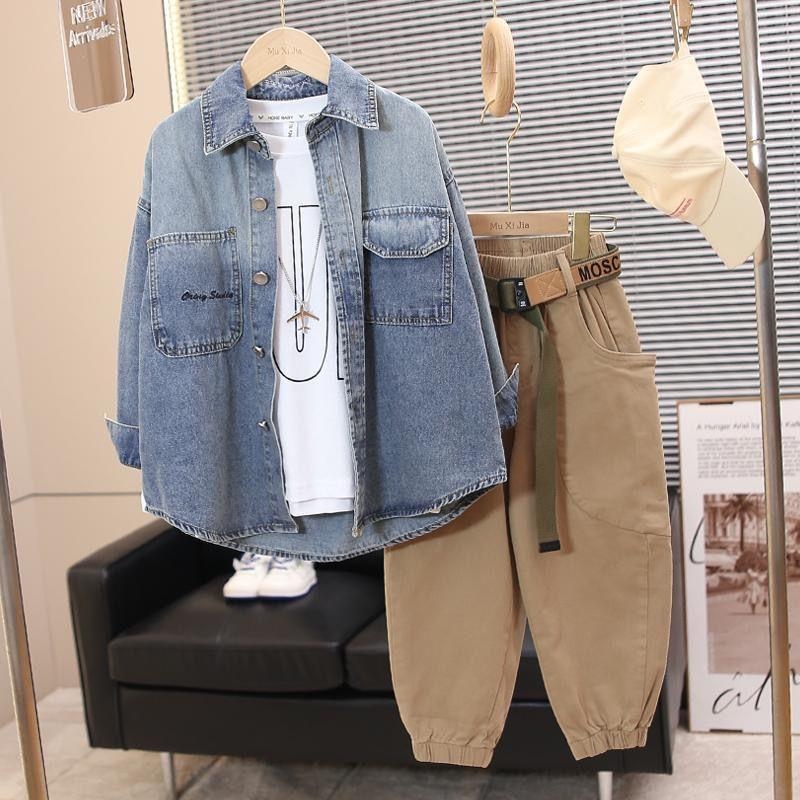 Chlapčenská džínsová košeľa 2025 Jar a jeseň Nový westernový štýl Veľký detský kabát Džínsový top s dlhým rukávom Chlapčenská gradientová košeľa