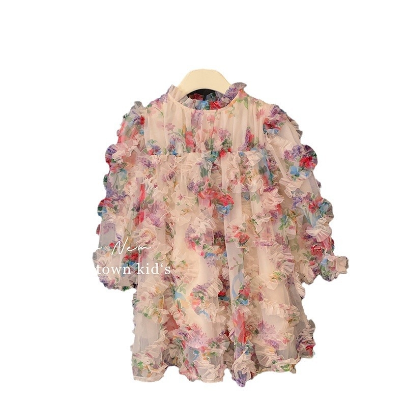 Dievčenské šaty Jarný nový štýl 2024 Kórejský štýl Módne dievčenské detské nafúknuté rukávy Stereo kvetinové šaty pre vílu