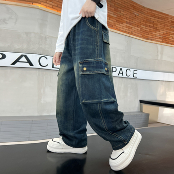 Chlapčenské jarné a jesenné rovné pracovné džínsy so širokými nohavicami, nové stredné a veľké detské pekné nohavice, veľkoobchod, trendy a štýlové