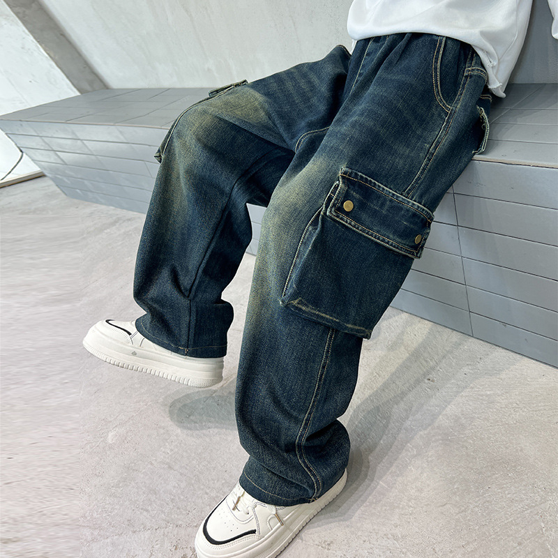 Chlapčenské jarné a jesenné rovné pracovné džínsy so širokými nohavicami, nové stredné a veľké detské pekné nohavice, veľkoobchod, trendy a štýlové