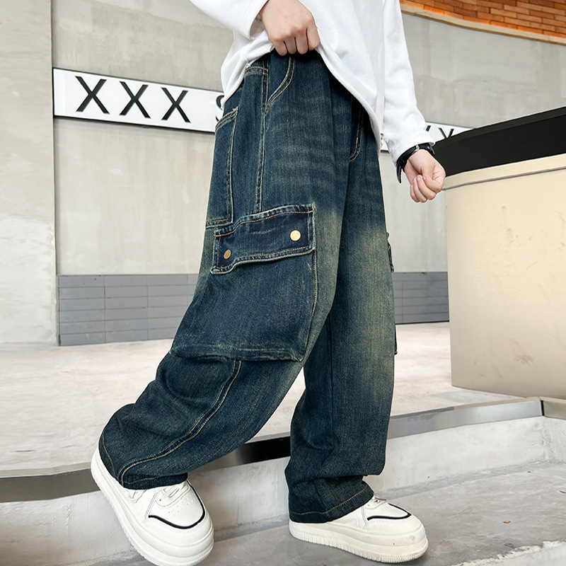 Chlapčenské jarné a jesenné rovné pracovné džínsy so širokými nohavicami, nové stredné a veľké detské pekné nohavice, veľkoobchod, trendy a štýlové