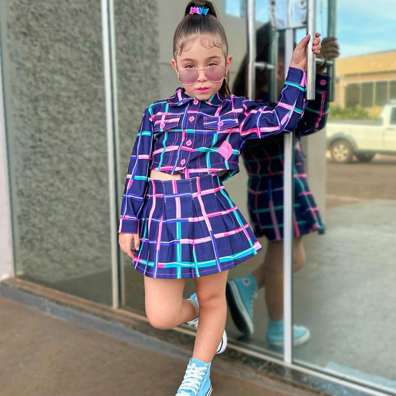 Dječja odjeća odijelo vanjske trgovine djevojčice ljetno novo korejsko dječje karirano odijelo s plisiranom suknjom preko granice Y6458