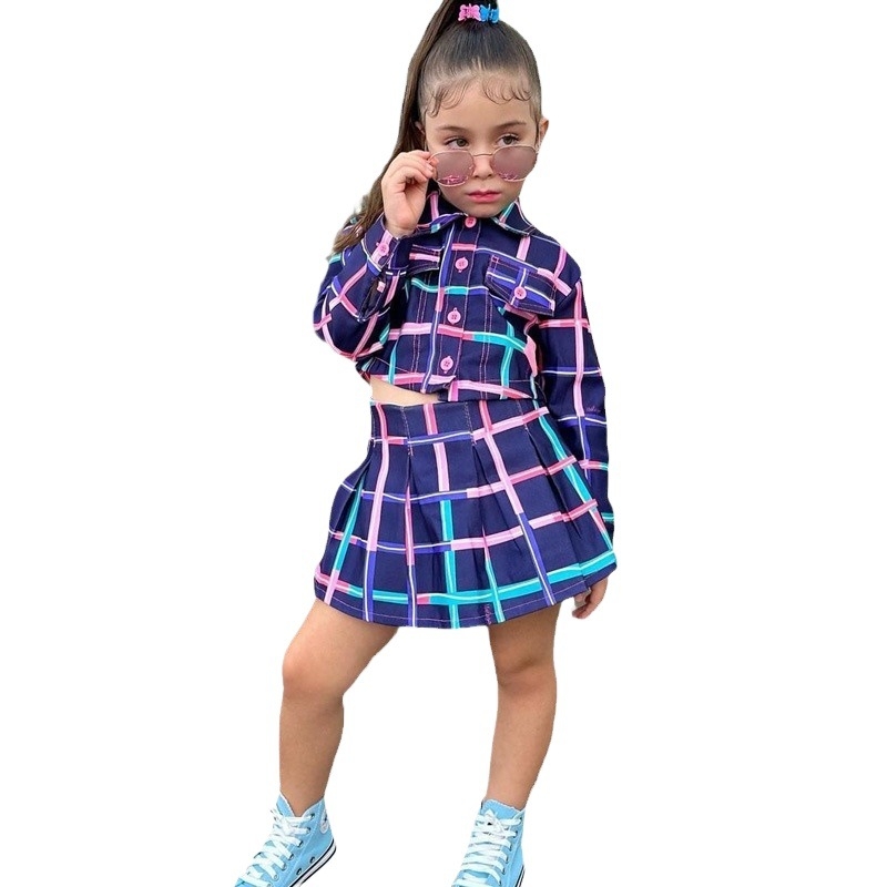 Dječja odjeća odijelo vanjske trgovine djevojčice ljetno novo korejsko dječje karirano odijelo s plisiranom suknjom preko granice Y6458