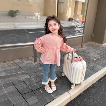 Dievčenské tričko s dlhým rukávom, jarné a jesenné tričko s nafúknutými rukávmi, jarný a jesenný top, dámske detské módne tričko v západnom štýle, kórejský štýl, jesenné tričko