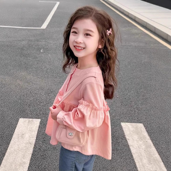 Dievčenské tričko s dlhým rukávom, jarné a jesenné tričko s nafúknutými rukávmi, jarný a jesenný top, dámske detské módne tričko v západnom štýle, kórejský štýl, jesenné tričko