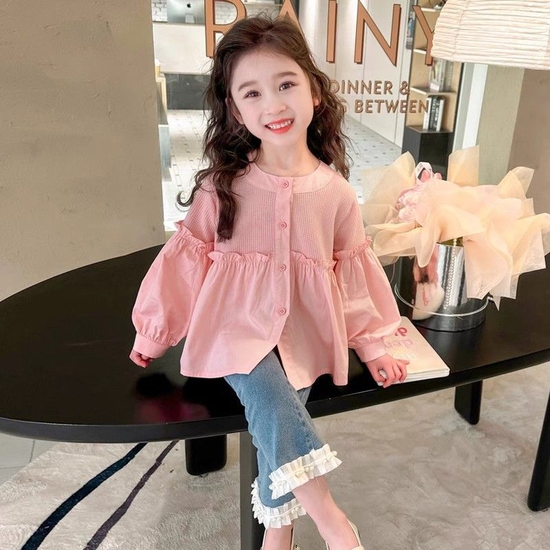 Dievčenské tričko s dlhým rukávom, jarné a jesenné tričko s nafúknutými rukávmi, jarný a jesenný top, dámske detské módne tričko v západnom štýle, kórejský štýl, jesenné tričko