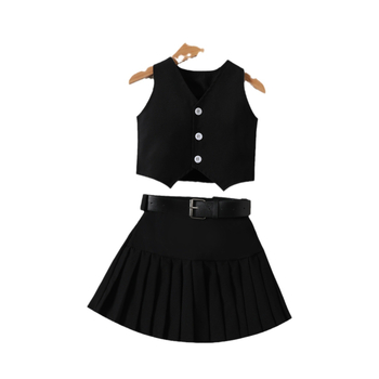 Dievčenský nový oblek pre zahraničný obchod 2024 Letná vesta s výstrihom do V bez rukávov, skladaná sukňa + opasok, trojdielna súprava