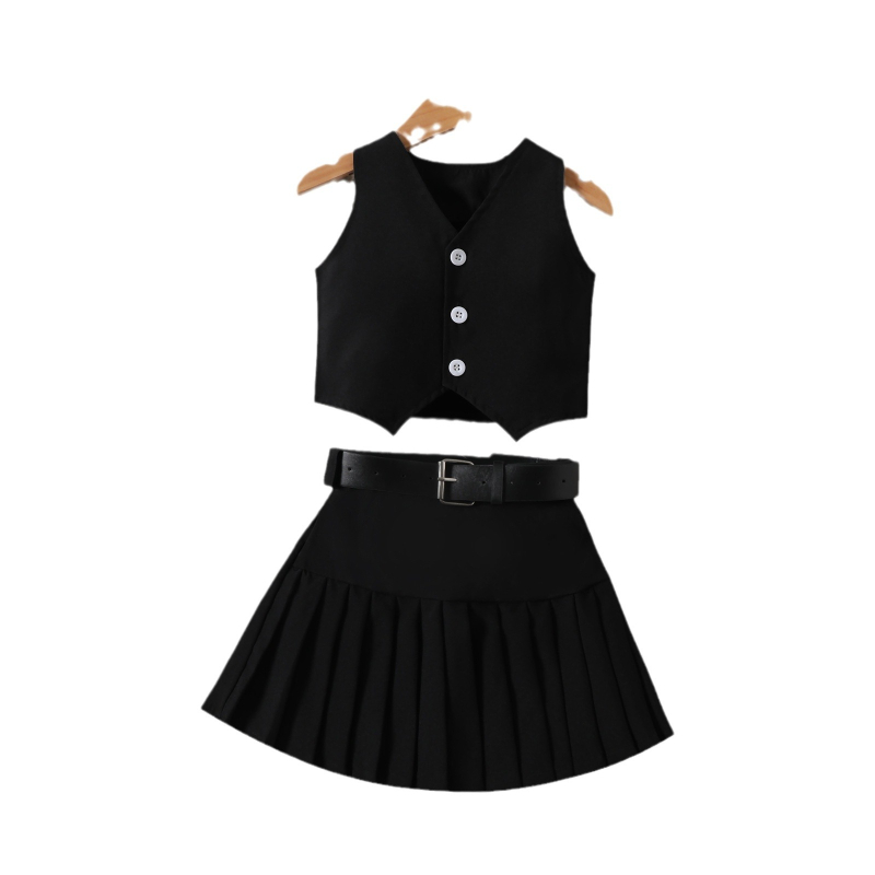 Dievčenský nový oblek pre zahraničný obchod 2024 Letná vesta s výstrihom do V bez rukávov, skladaná sukňa + opasok, trojdielna súprava