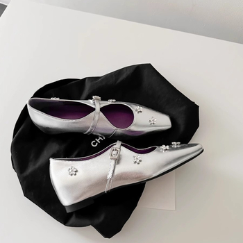 Έκδοση από δέρμα προβάτου ~ Γαλλικά στρας με αυξημένο μικρό τετράγωνο κεφάλι, ρηχά στόμια, γυναικεία παπούτσια με ασημένια παπούτσια Mary Jane