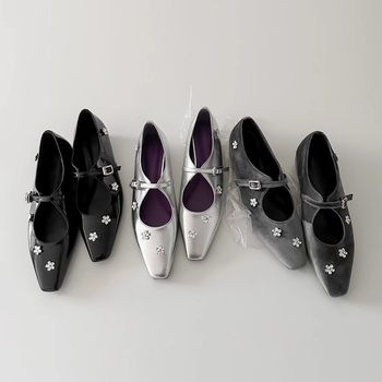 Έκδοση από δέρμα προβάτου ~ Γαλλικά στρας με αυξημένο μικρό τετράγωνο κεφάλι, ρηχά στόμια, γυναικεία παπούτσια με ασημένια παπούτσια Mary Jane