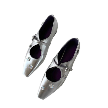 Έκδοση από δέρμα προβάτου ~ Γαλλικά στρας με αυξημένο μικρό τετράγωνο κεφάλι, ρηχά στόμια, γυναικεία παπούτσια με ασημένια παπούτσια Mary Jane