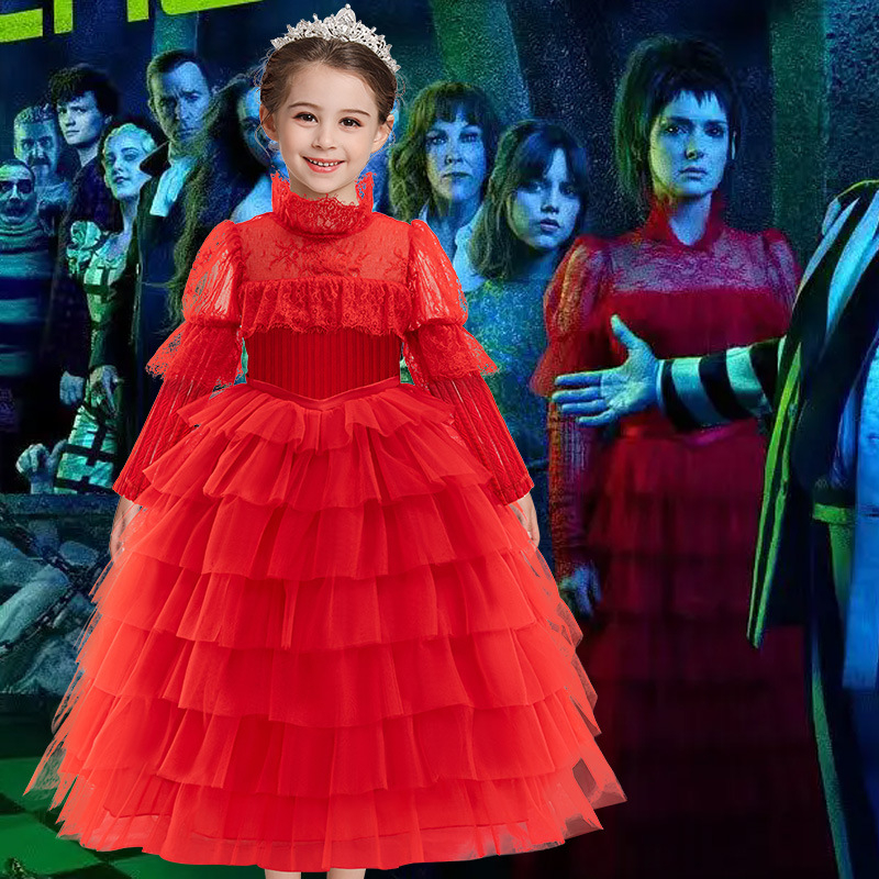 Halloween Beetle Juice 2 Dječja haljina Haljina za scenski nastup Haljina za djevojčicu Princeza Crvena vjenčanica dugih rukava