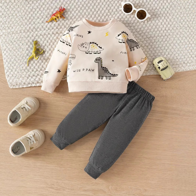 Jesenski komplet majice dugih rukava i hlača s uzorkom dinosaura za dječake s prekograničnim uzorkom 2024., crtani film