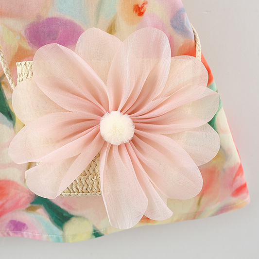 Ljetna nova dječja odjeća veleprodaja veliki cvjetni ovratnik za lutke haljina bez rukava za djevojčice cvijeće slamnata pletena torba jedna