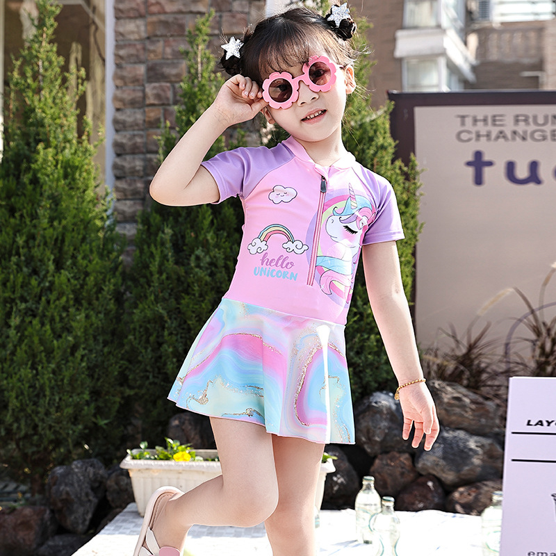 Laste ujumistrikoo väikesele tüdrukule 2024 uus ühes tükis kleit lukuga armas printsess stiilis professionaalne reisikleit