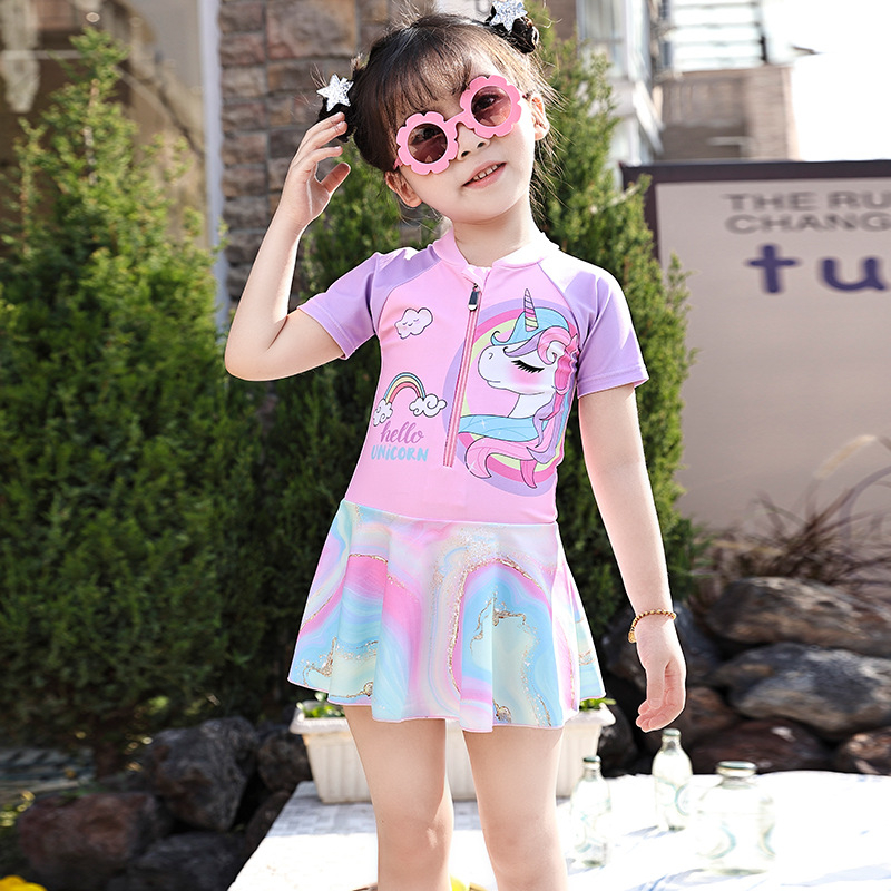 Laste ujumistrikoo väikesele tüdrukule 2024 uus ühes tükis kleit lukuga armas printsess stiilis professionaalne reisikleit