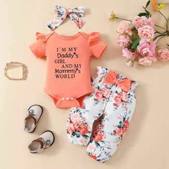 Odijelo za bebe i djecu iz kolekcije Cross-border 2024, harem hlače kratkih rukava s cvjetnim printom i trakom za glavu