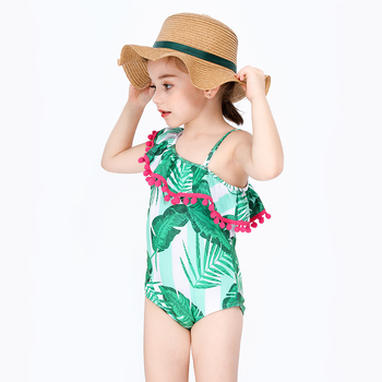 Detské plavky, letné nové dievčenské plavky, zelené šikmé ramenné plavky s strapcami, banánový list, jednodielne plavky pre dievčatká