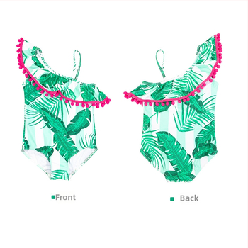 Παιδικό μαγιό για κορίτσια, καλοκαιρινό, νέο, πράσινο, ολόσωμο μαγιό με λοξούς ώμους και φούντες σε σχήμα μπανάνας για μωρά κορίτσια