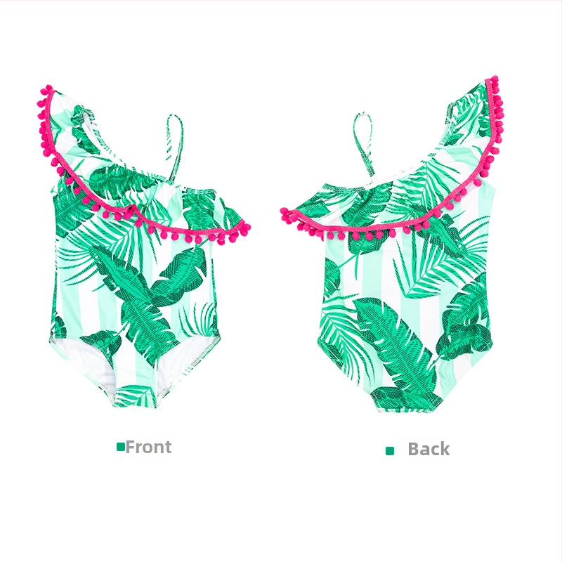 Detské plavky, letné nové dievčenské plavky, zelené šikmé ramenné plavky s strapcami, banánový list, jednodielne plavky pre dievčatká