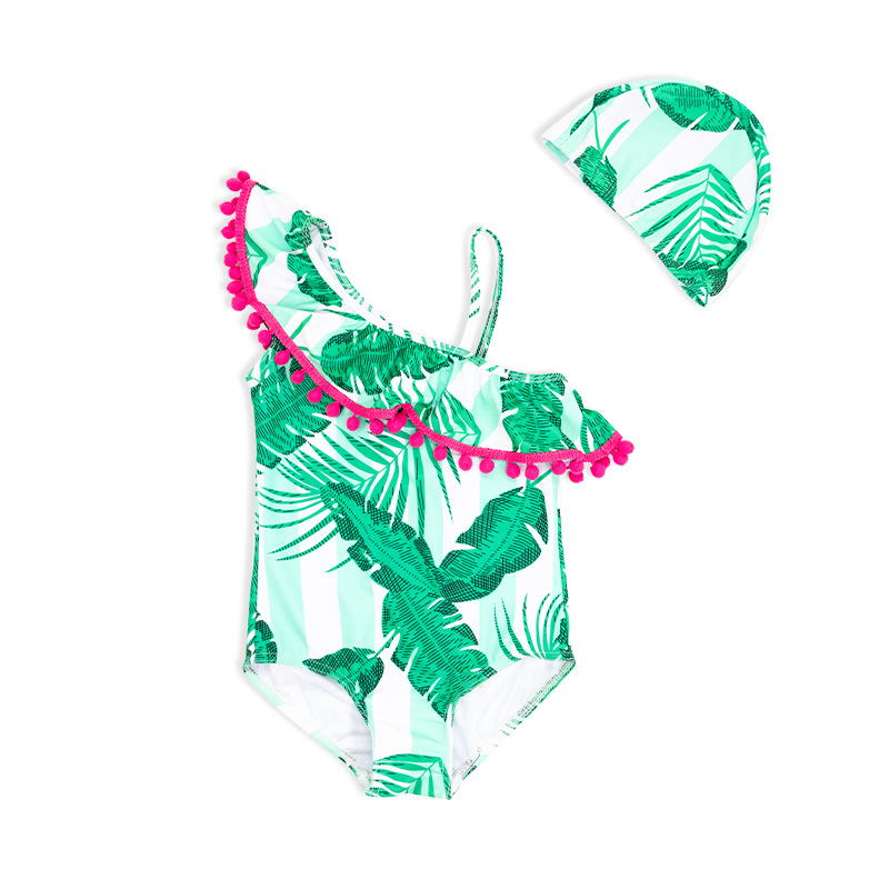 Detské plavky, letné nové dievčenské plavky, zelené šikmé ramenné plavky s strapcami, banánový list, jednodielne plavky pre dievčatká