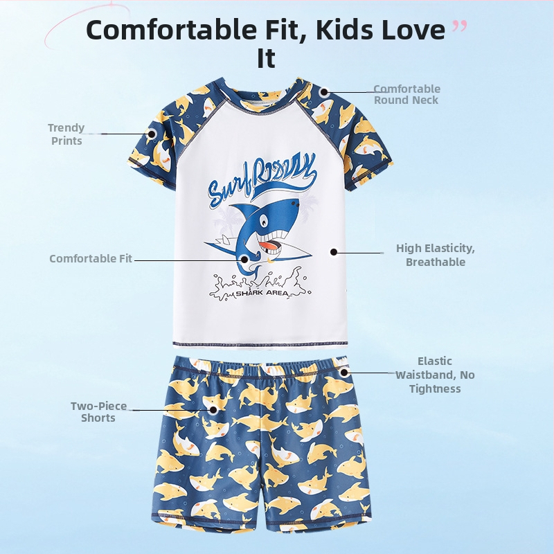 Detské plavky s kreslenou potlačou delfínov, rozparkový štýl, chlapčenské plavky pre stredné a veľké deti, detské plavky na sklade