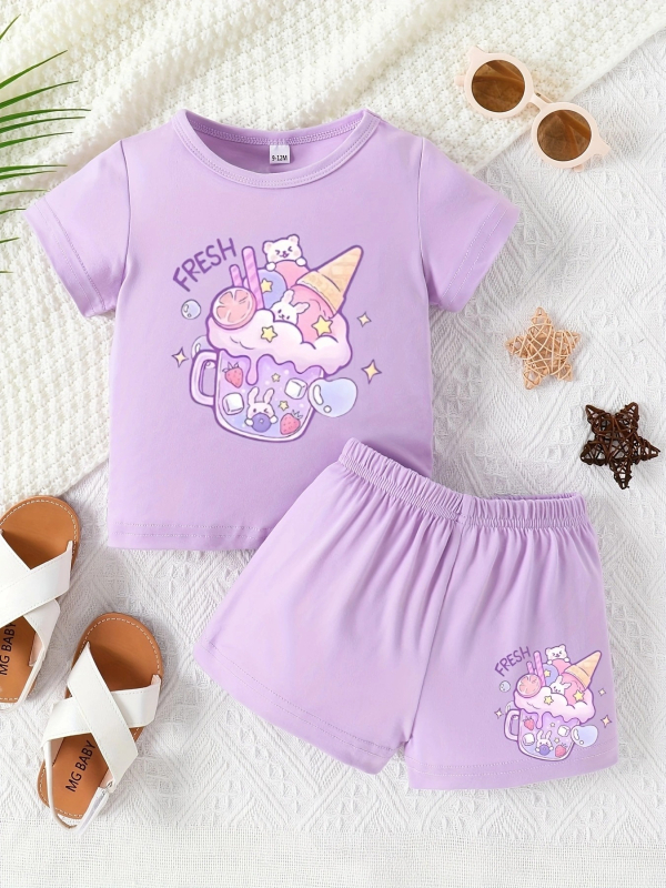 Letný sveter s okrúhlym výstrihom pre dievčatká s kreslenými košíčkami a krátkym rukávom, šortky a oblek Cezhraničné INS pre dievčatká