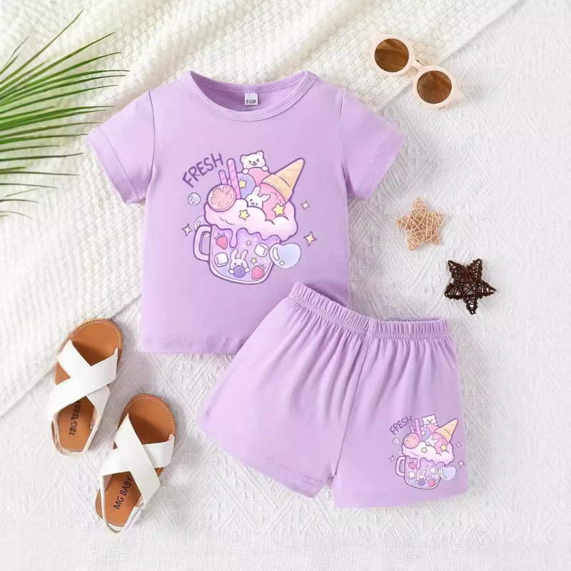 Letný sveter s okrúhlym výstrihom pre dievčatká s kreslenými košíčkami a krátkym rukávom, šortky a oblek Cezhraničné INS pre dievčatká