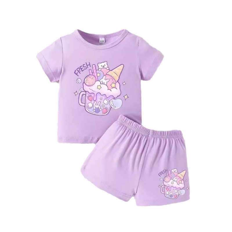 Letný sveter s okrúhlym výstrihom pre dievčatká s kreslenými košíčkami a krátkym rukávom, šortky a oblek Cezhraničné INS pre dievčatká