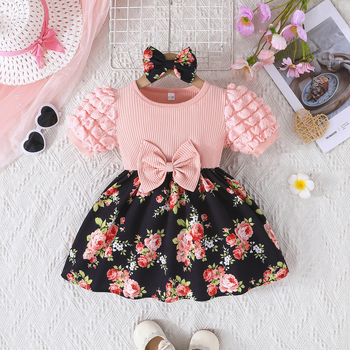 Slatka djevojčica s mašnom, ukrasna cvjetna haljina s turbanom, europski i američki prekogranični ljetni novi stil 2025.