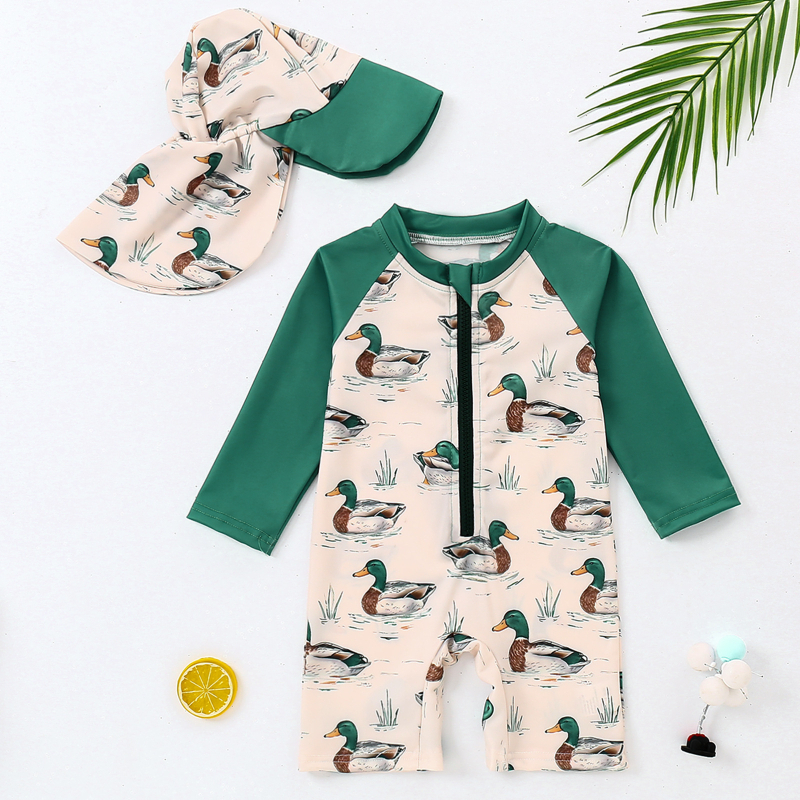 Dječja odjeća Kupaći kostim jednodijelni dugih rukava s crtanim printom i patentnim zatvaračem za malu djecu, jednodijelni kupaći kostim i kapa za plivanje