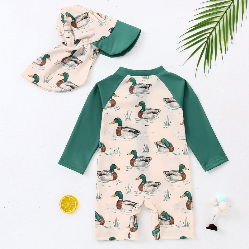 Dječja odjeća Kupaći kostim jednodijelni dugih rukava s crtanim printom i patentnim zatvaračem za malu djecu, jednodijelni kupaći kostim i kapa za plivanje