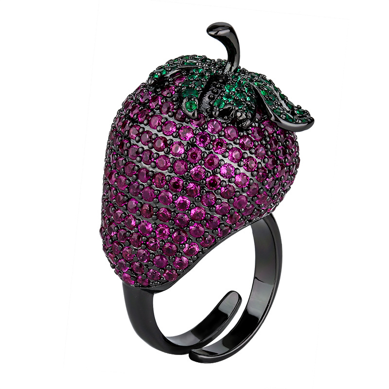 Perdėtai atviras žiedas su braškių papuošalais, juodas auksas, spalvingas lobis, madingi moteriški prabangūs europietiško ir amerikietiško stiliaus, aukštos klasės didmeninės prekybos produktai.