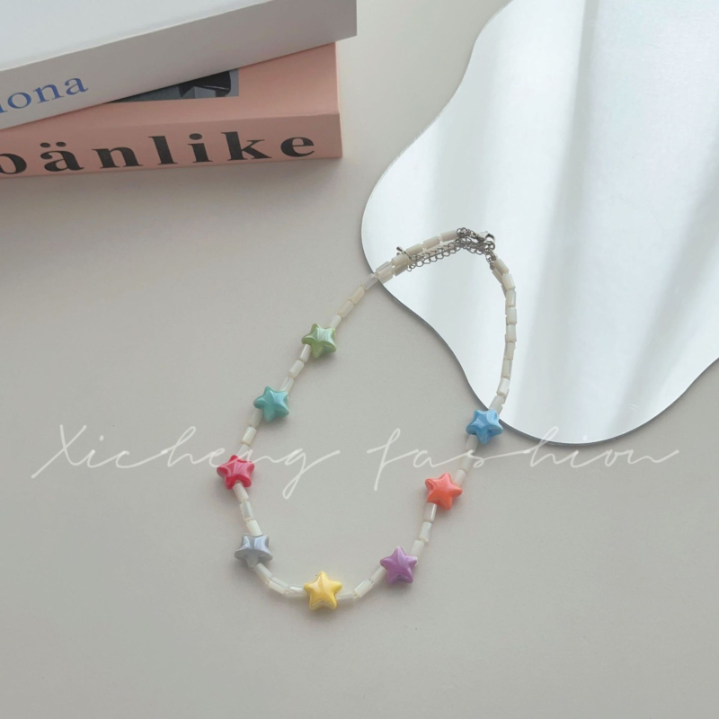 Nova ogrlica s geometrijskom glazurom u korejskom stilu, u boji slatkiša, sa zvijezdama i perlicama, slatka, univerzalna ogrlica s ključnom kosti, ogrlica...