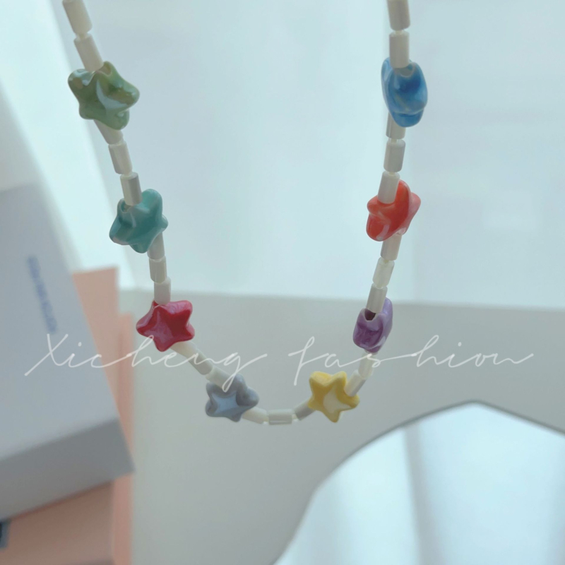 Nova ogrlica s geometrijskom glazurom u korejskom stilu, u boji slatkiša, sa zvijezdama i perlicama, slatka, univerzalna ogrlica s ključnom kosti, ogrlica...