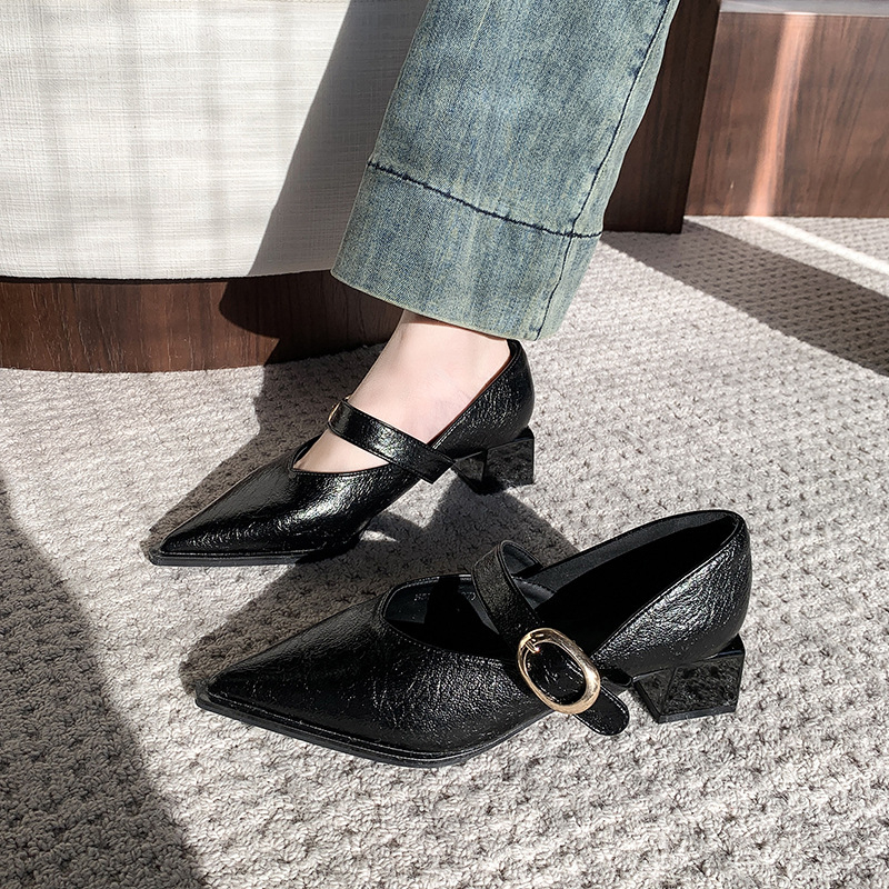 2024. Novi korejski stil Jesenske i zimske plitke modne cipele sa srednjom petom, jednoslojne cipele s debelom petom, ženske cipele Mary Jane, modne, univerzalne