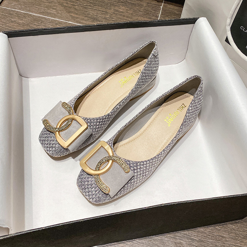 Dámske balerínky v tvídovom štýle 20121, jarné nové, celoročné topánky, hranatá špička, stredný podpätok, plytký výstrih, veľká veľkosť 41-43, malá veľkosť