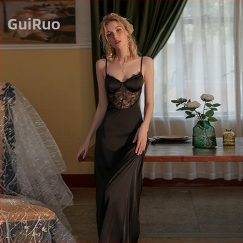 Dz Guiruo Spliced Csipke Márkás Szexi V Nyakú Melltartóbetét Tiszta Színű Szatén Slim Fit Női Otthoni Ruha Hálóing Q2720