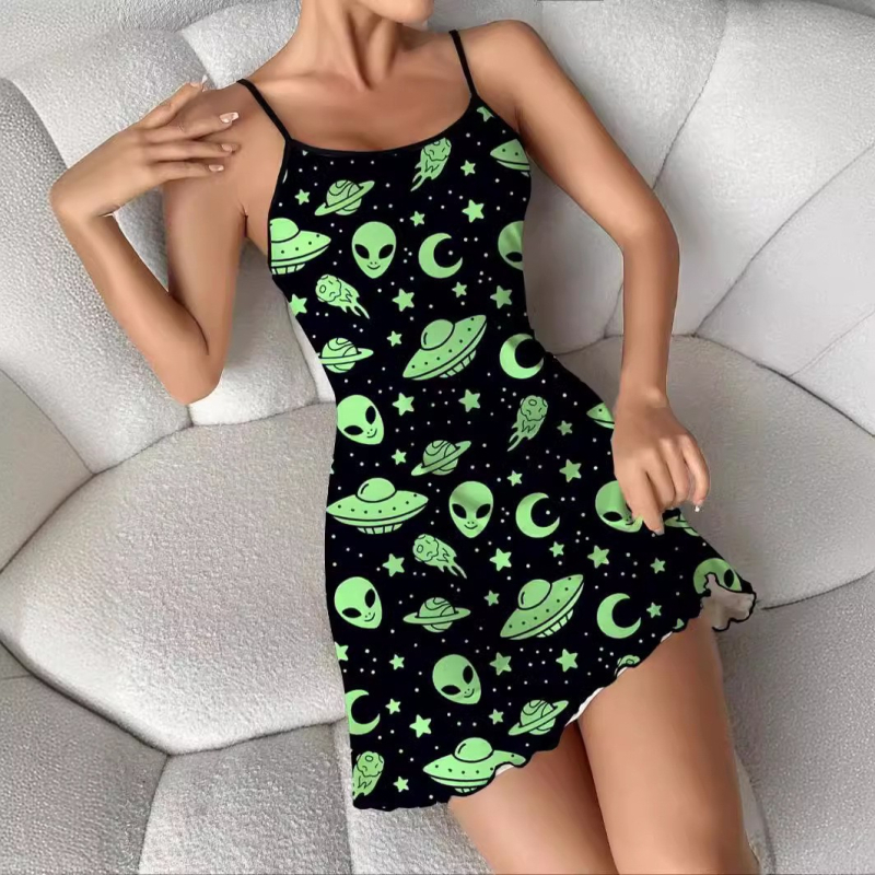 2025 m. „AliExpress“ nauji „Alien“ moteriški berankoviai naktinukai, europietiški ir amerikietiški namų drabužiai, pižamos, kostiuminės pižamos