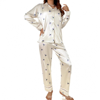 Διασυνοριακές δημοφιλείς πιτζάμες με μακριά μανίκια και παντελόνι σε γαλλικό στιλ, καλλιτεχνικές κοπέλες υψηλής ποιότητας, σετ ρούχων για χαλάρωση από μετάξι.