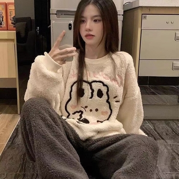 Νέες φθινοπωρινές και χειμερινές πιτζάμες γυναικών από κοραλί φλις με παχύ ντεκολτέ χαριτωμένο κουνέλι ζεστό εξωτερικό ένδυμα για το σπίτι