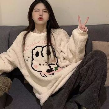 Νέες φθινοπωρινές και χειμερινές πιτζάμες γυναικών από κοραλί φλις με παχύ ντεκολτέ χαριτωμένο κουνέλι ζεστό εξωτερικό ένδυμα για το σπίτι