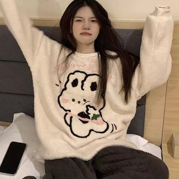 Νέες φθινοπωρινές και χειμερινές πιτζάμες γυναικών από κοραλί φλις με παχύ ντεκολτέ χαριτωμένο κουνέλι ζεστό εξωτερικό ένδυμα για το σπίτι