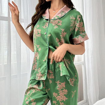 Διασυνοριακές ευρωπαϊκές και αμερικανικές πιτζάμες, απομίμηση μεταξιού Temu, δημοφιλή ρούχα για το σπίτι, γυναικεία εθνικού στιλ παντελόνια με κοντό μανίκι υψηλής ποιότητας που μπορούν να φορεθούν και σε εξωτερικούς χώρους
