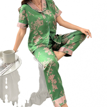 Διασυνοριακές ευρωπαϊκές και αμερικανικές πιτζάμες, απομίμηση μεταξιού Temu, δημοφιλή ρούχα για το σπίτι, γυναικεία εθνικού στιλ παντελόνια με κοντό μανίκι υψηλής ποιότητας που μπορούν να φορεθούν και σε εξωτερικούς χώρους
