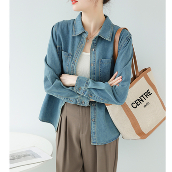 Jesen 2023. Nova retro plava mekana traper košulja za žene, višenamjenska pamučna traper košulja s ramenima