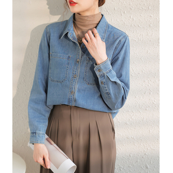 Jesen 2023. Nova retro plava mekana traper košulja za žene, višenamjenska pamučna traper košulja s ramenima