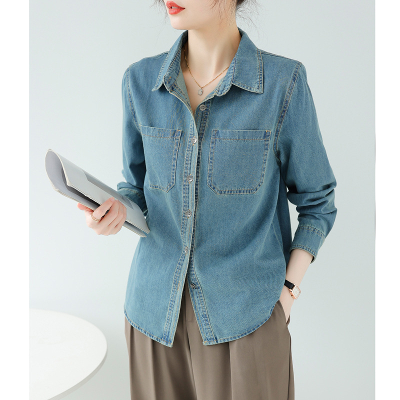 Jesen 2023. Nova retro plava mekana traper košulja za žene, višenamjenska pamučna traper košulja s ramenima